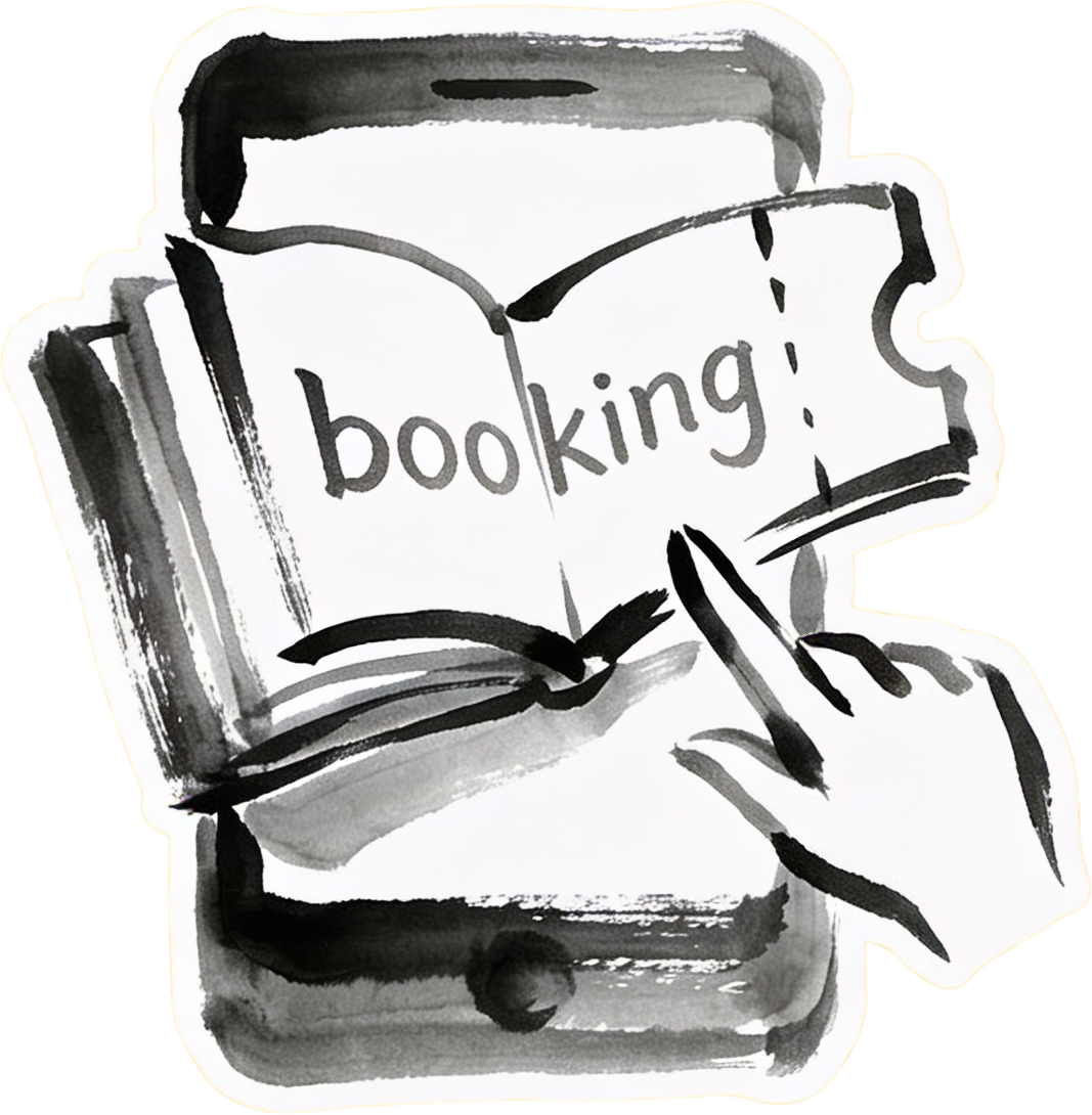 Ink-brush drawing of a phone showing a booking ticket