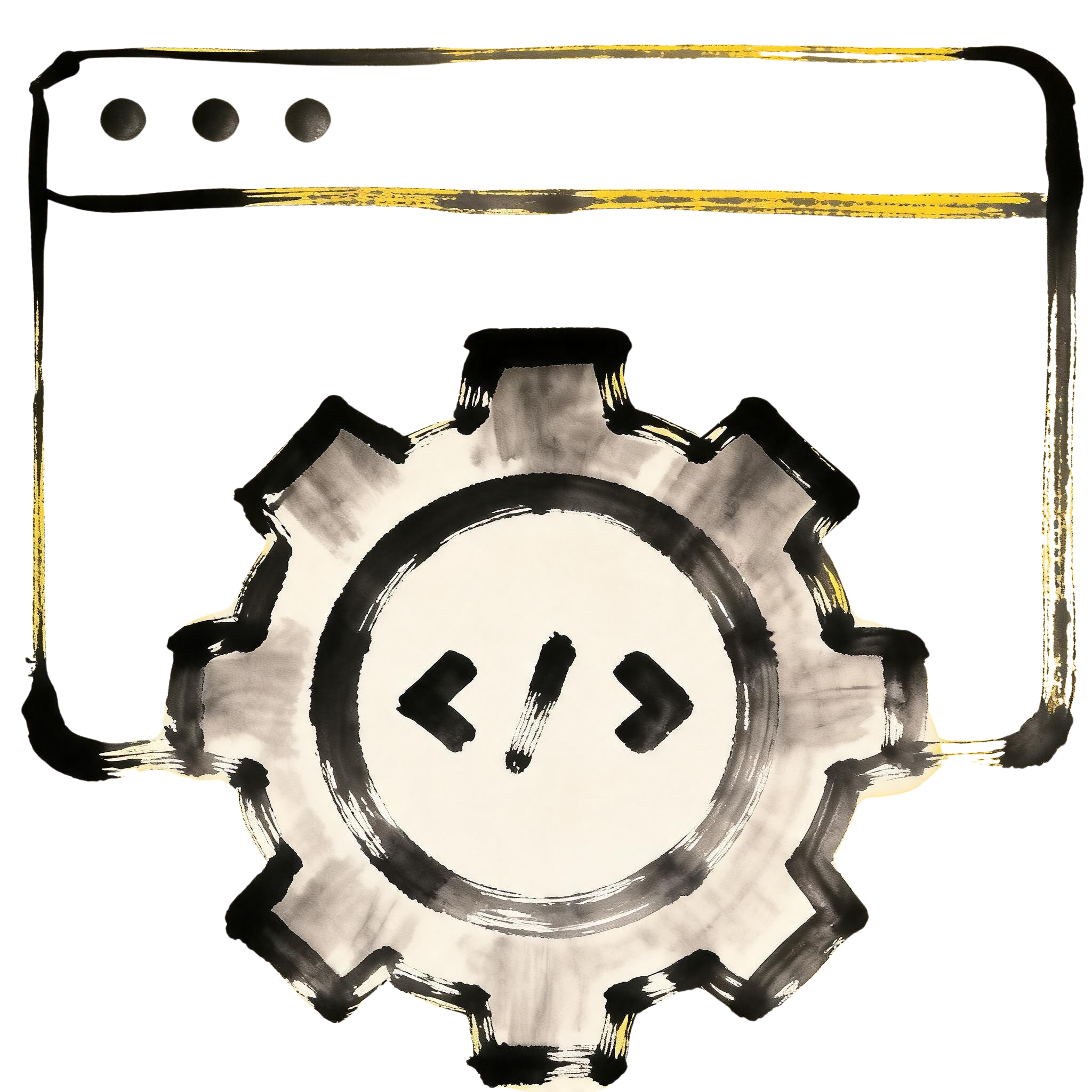 Ink-brush drawing of a browser window with a gear and code brackets
