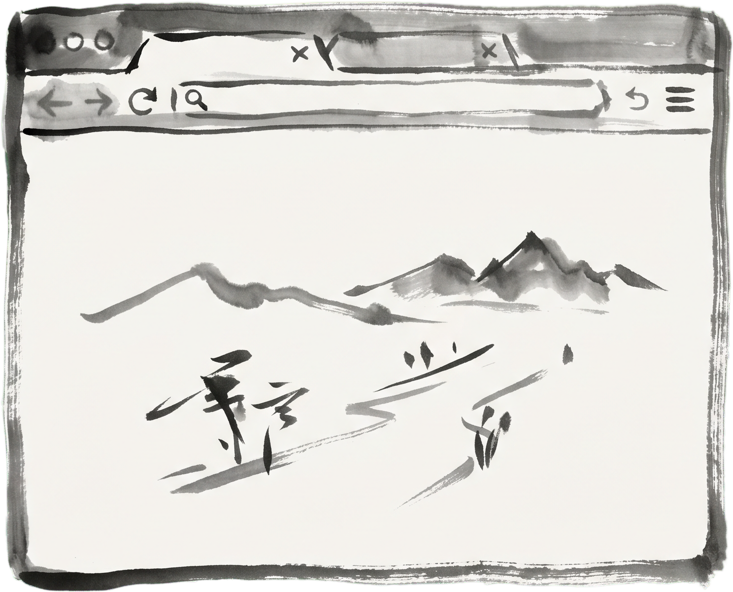 Ink-brush drawing of a browser window framing a mountain landscape